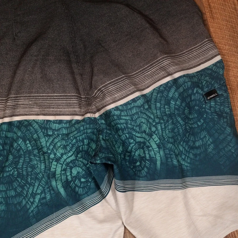 O'Neill Mens Board Shorts Size 32 Teal Grey Colorblock Geometric Swim Trunks‎
